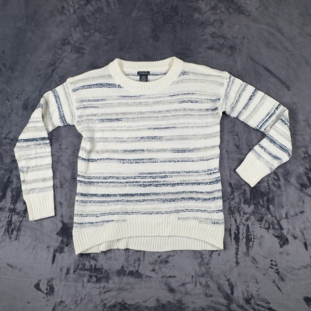Calvin Klein Jeans Sweater Womens Small Cream Blue Striped Crewneck Knit 4619